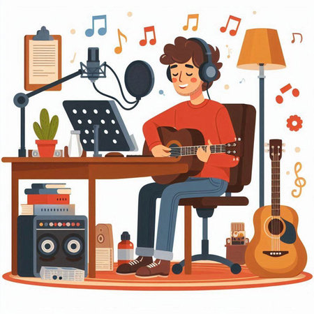 Young man in headphones playing guitar and singing songs at home. Vector illustration.のイラスト素材