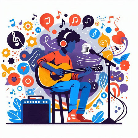 Vector illustration of a man playing guitar on the background of musical notes.のイラスト素材
