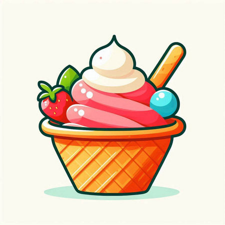 Ice cream in waffle basket. Vector illustration in cartoon style.のイラスト素材