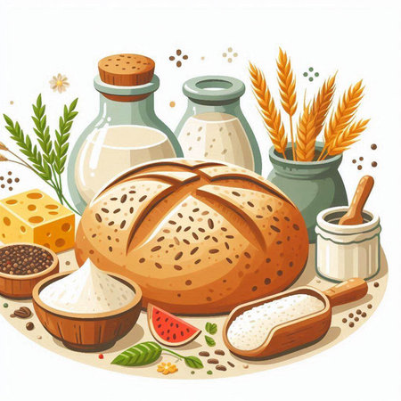 Illustration of bread, flour, salt, oil, cerealsのイラスト素材