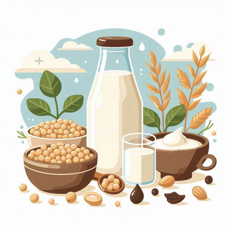 Vector illustration of soy milk in a glass bottle, a bowl with grains, a bowl with beans and a bottle with milk on a white background.のイラスト素材