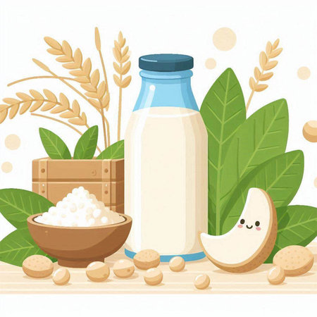 Milk bottle and ingredients for making oatmeal. Vector illustration.のイラスト素材