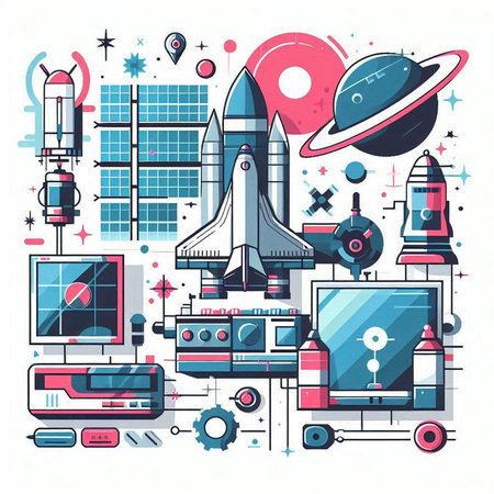 Space station, rocket, satellite, spaceship, astronaut helmet, vector illustrationのイラスト素材