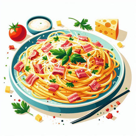 Spaghetti with ham, cheese and parsley. Vector illustration.のイラスト素材