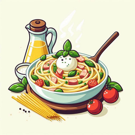 Illustration of a bowl of spaghetti with tomatoes and mozzarellaのイラスト素材