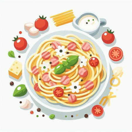 Spaghetti with tomato sauce and mozzarella. Vector illustration.のイラスト素材