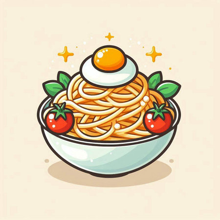 Illustration of a bowl of spaghetti with tomato sauce and egg on topのイラスト素材