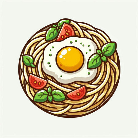 Spaghetti with fried egg, tomato and basil. Vector illustration.のイラスト素材