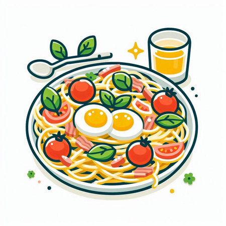 Spaghetti with egg, tomato and basil. Hand drawn vector illustration.のイラスト素材