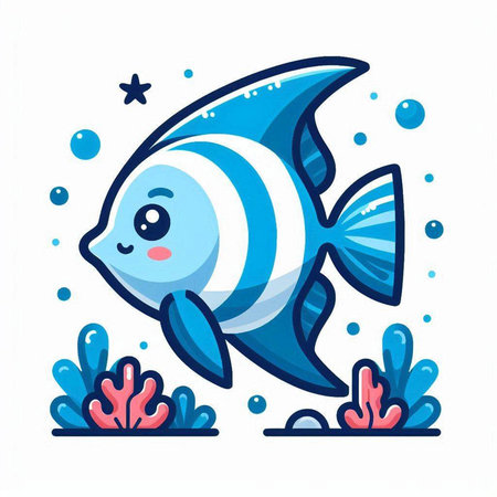 Cute cartoon blue fish on a white background. Vector illustration.のイラスト素材