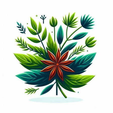 Illustration of a decorative floral element with leaves and star aniseのイラスト素材