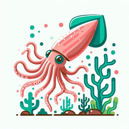 Octopus and seaweed. Vector illustration in flat cartoon style.のイラスト素材