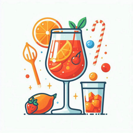 Cocktail with orange, lime and ice. Vector illustration.のイラスト素材