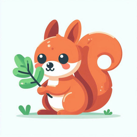 Cute cartoon squirrel with a leaf in his hand. Vector illustration.のイラスト素材