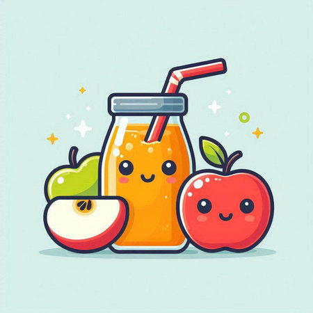 Apple juice in a glass bottle with a straw and apples. Vector illustration.のイラスト素材