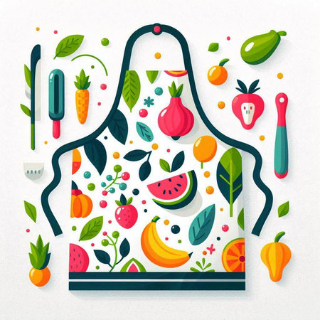Kitchen apron with fruits and vegetables. Vector flat illustration.のイラスト素材
