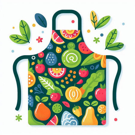 Kitchen apron with fruits and vegetables. Hand drawn vector illustration.のイラスト素材