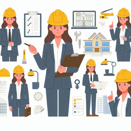 Architect and engineer working on construction site. Vector flat illustration.のイラスト素材