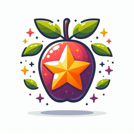 Fruit icon with star and leaves. Vector illustration in cartoon style.のイラスト素材