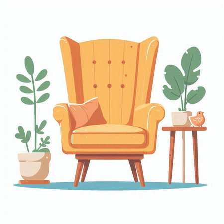 Armchair with pillows and flowerpot. Vector illustration in flat styleのイラスト素材