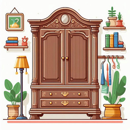 Illustration of a wooden cupboard in a room with shelves and furniture.のイラスト素材