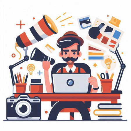 Photographer working with laptop in office. Flat style vector illustration.のイラスト素材
