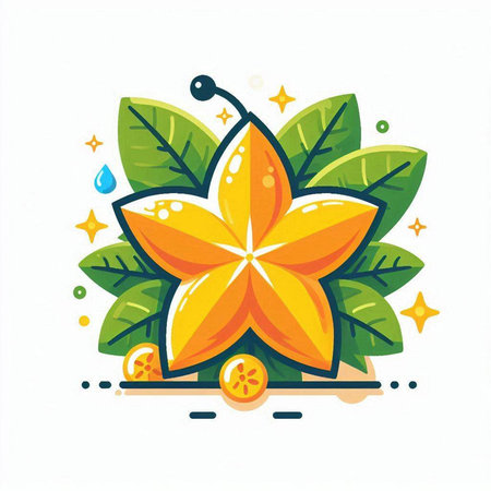 Illustration of yellow star fruit with green leaves and water drops.のイラスト素材