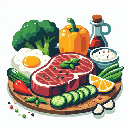 Steak with vegetables and herbs on a wooden board. Vector illustrationのイラスト素材
