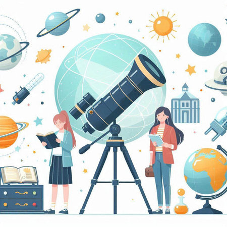 Astronomy and science concept. Kids looking through telescope. Vector illustrationのイラスト素材