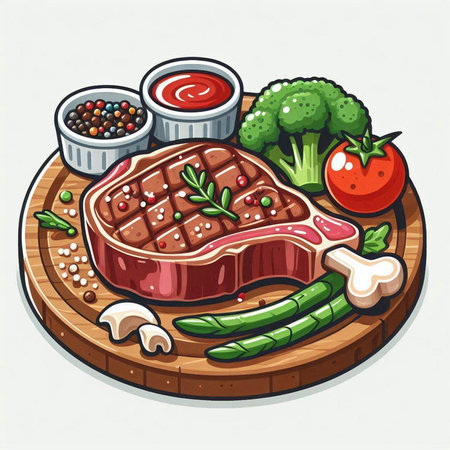 Steak with vegetables and spices on wooden board. Vector illustration.のイラスト素材
