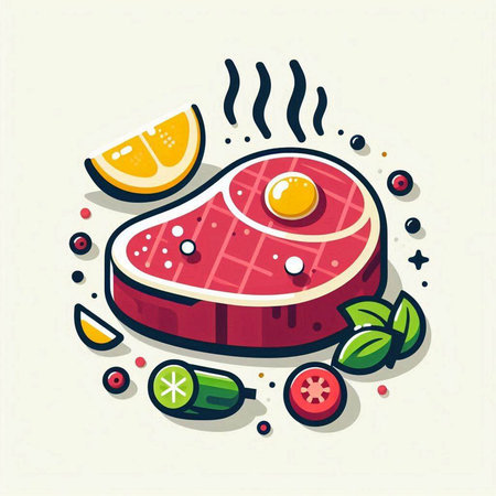 Steak icon with vegetables and herbs. Vector illustration in flat styleのイラスト素材