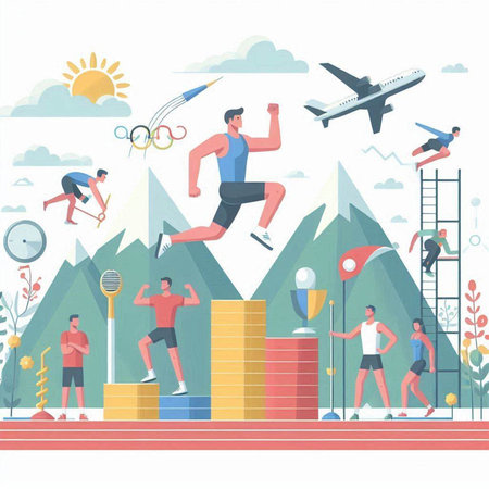 People run in the mountains. Flat style vector illustration. Cartoon characters.のイラスト素材