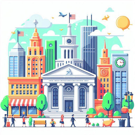 City buildings with people walking. Vector illustration in flat cartoon style.のイラスト素材