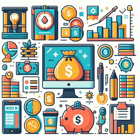 Flat line design vector illustration concept of finance, banking, money saving, budget planning, budget planning, accounting, planning, accounting, management, investment, savings.のイラスト素材