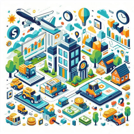Vector isometric illustration of a city with elements for your design.のイラスト素材