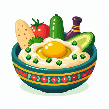 Vector illustration of a bowl of hummus with egg and vegetables.のイラスト素材