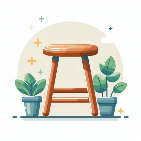 Wooden stool and potted plants. Vector illustration in flat styleのイラスト素材