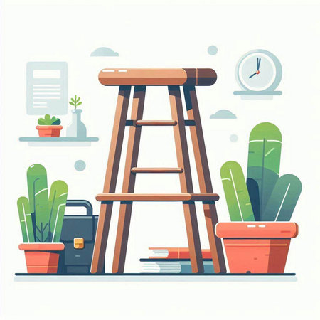 Flat design vector illustration concept of home office workspace. Ladders, books, potted plants and clock.のイラスト素材