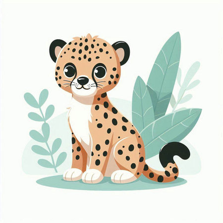 Cartoon cheetah sitting on the grass. Cute vector illustration.のイラスト素材