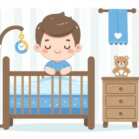 Illustration of a Kid Boy Sleeping in a Crib with His Toyのイラスト素材