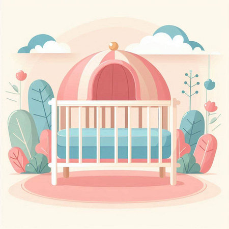 Cute pink baby cot in the garden. Vector illustration.のイラスト素材