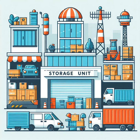 Warehouse and storage of goods. Colorful flat vector illustration.のイラスト素材