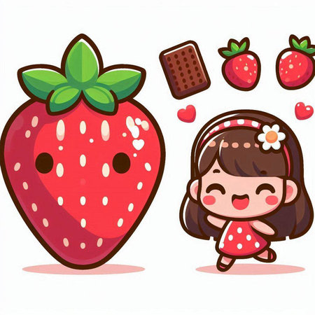 Illustration of a Little Girl Eating a Strawberry and a Chocolate Barのイラスト素材