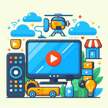 Vector illustration of modern flat design concept of remote control, tv, video camera, online shopping, delivery service.のイラスト素材