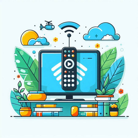 Vector illustration of tv remote control on the background of plants and cloudsのイラスト素材