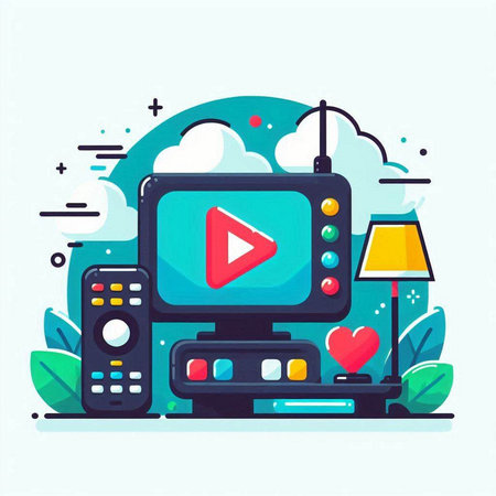 Vector illustration of modern flat design concept of online entertainment. Video player, gamepad, joystick, tv set and headphones.のイラスト素材