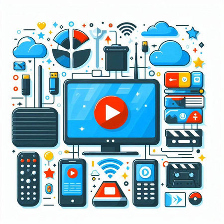 Vector illustration of flat design concept of multimedia, technology, entertainment, media, entertainment, computer, media player, remote control.のイラスト素材