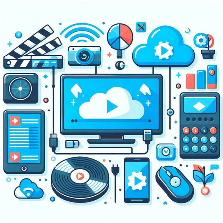 Vector flat design illustration of multimedia technology concept. Cloud computing, social media, multimedia, webinar, online education, webinar.のイラスト素材