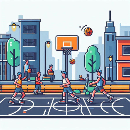 Basketball players training in the city. Flat style vector illustration.のイラスト素材