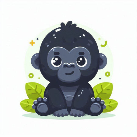 Cute baby gorilla sitting on green leaves. Vector cartoon illustration.のイラスト素材